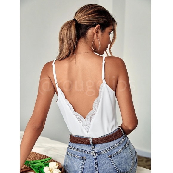 Scallop Lace Trim Detail V-Back Deep Cut Open White Camisole Cami Top Shirt - Picture 7 of 8